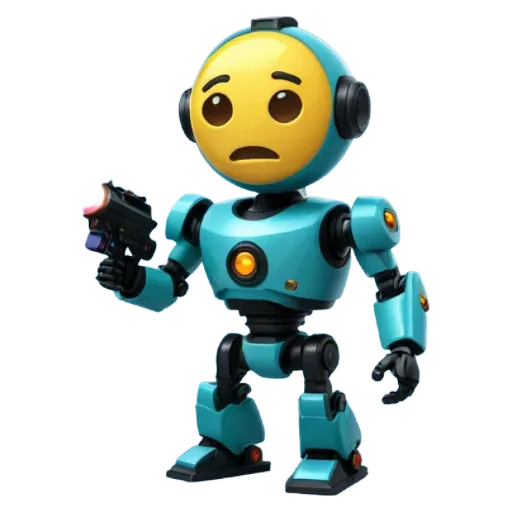 A sad robot holding a gun is shown on a black background.