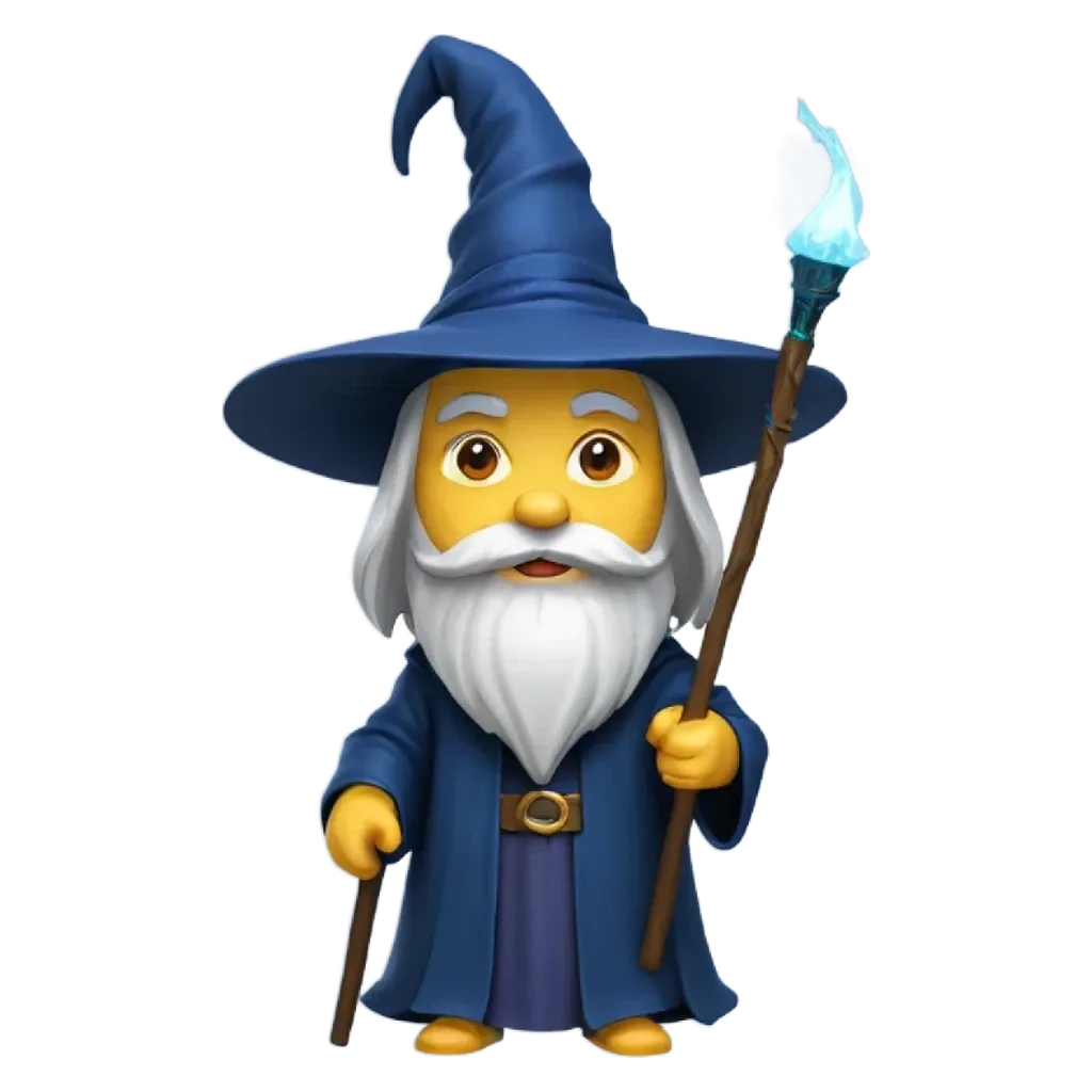 A cartoon image of a wizard with a blue wand.