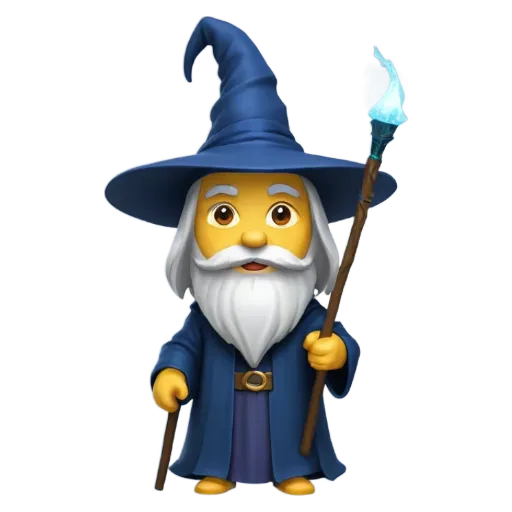 A cartoon image of a wizard with a blue wand.