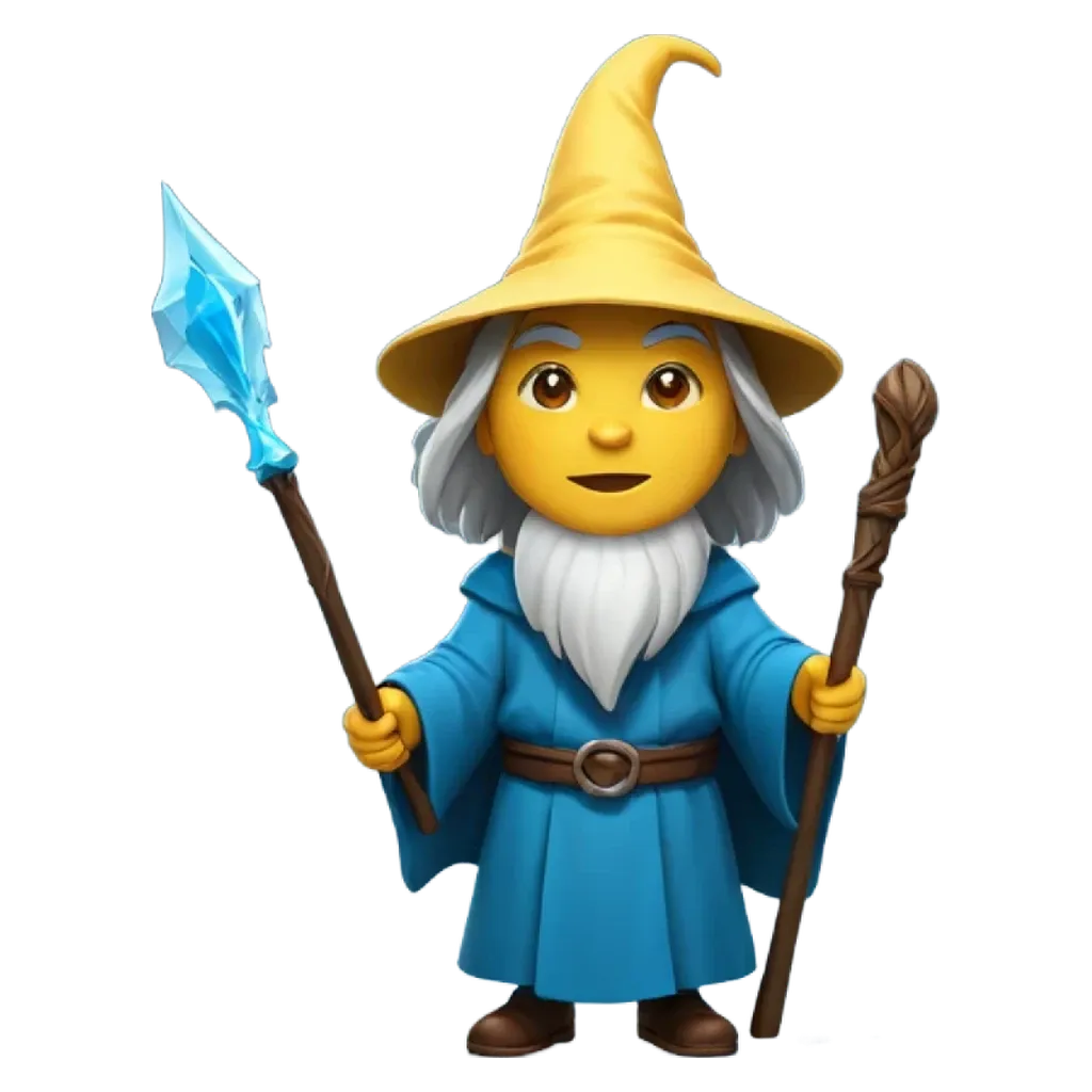 An apple with a blue outfit and a hat that is a wizard.