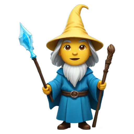 An apple with a blue outfit and a hat that is a wizard.