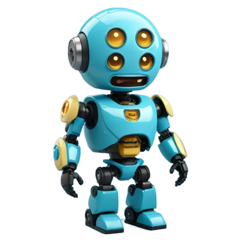 A blue robot with yellow eyes is standing on a black background.