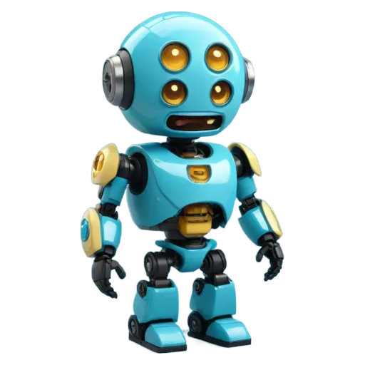 A blue robot with yellow eyes is standing on a black background.