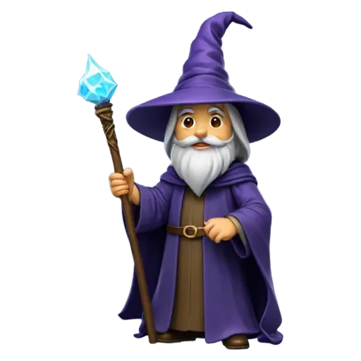 A cartoon of a wizard that is blue in color with a staff in his hand.