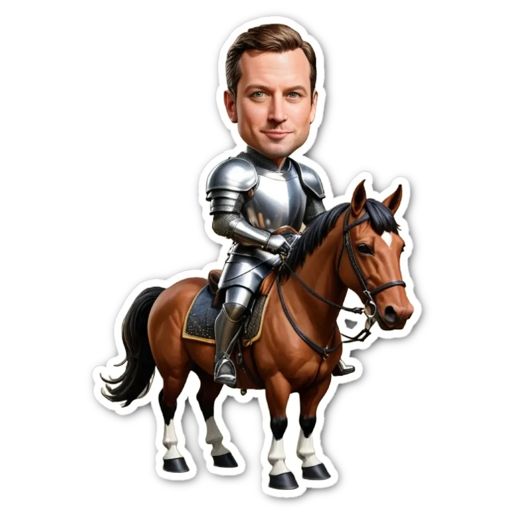 A cartoon drawing of a man in a knight costume riding a horse.