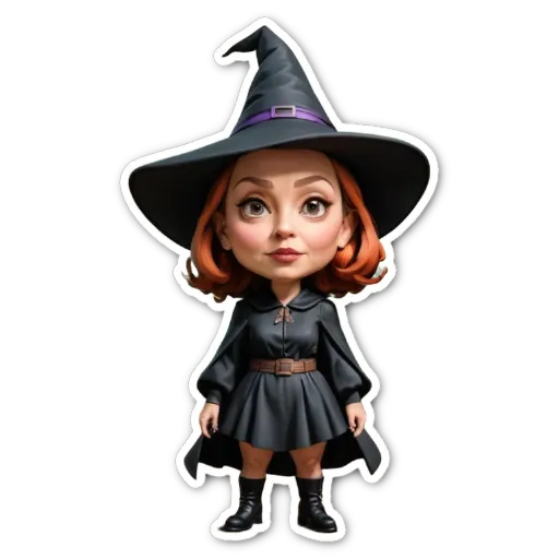 A cartoon woman wearing a witch's dress is displayed on a black background.