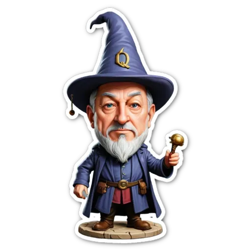 A cartoon drawing of a wizard with a staff.