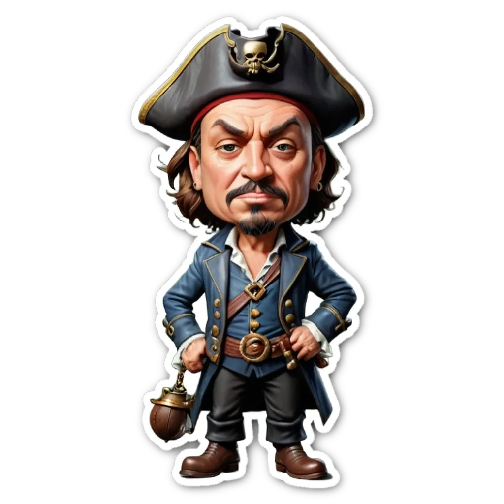 A cartoon depiction of a pirate holding a sword.