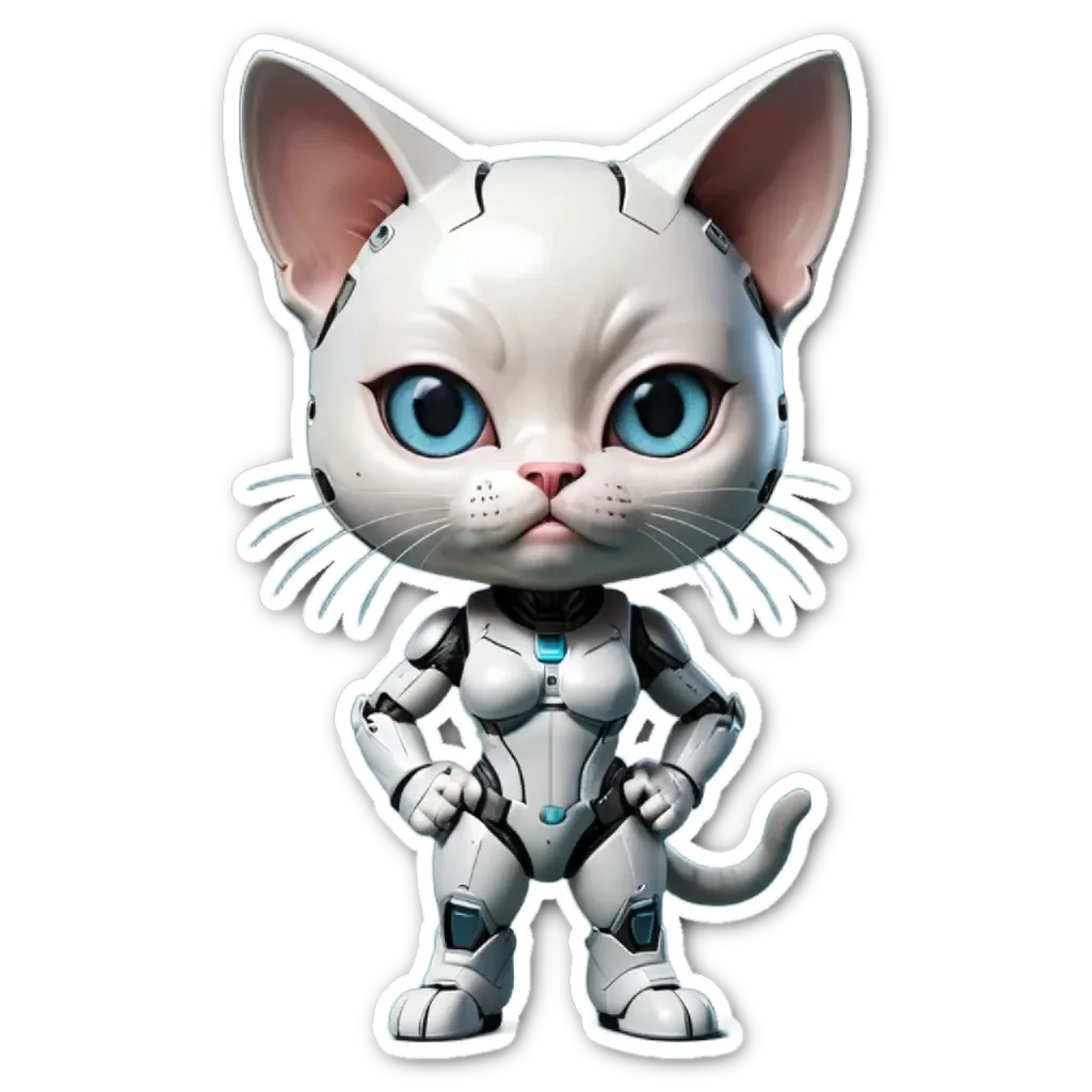 A white cat in a robot body suit against a black background.