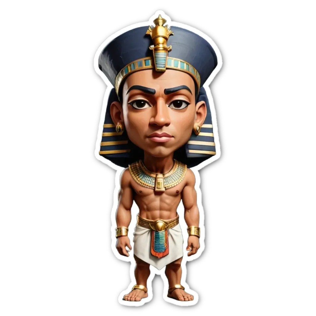 An Egyptian with a blue hat is standing in a black background.