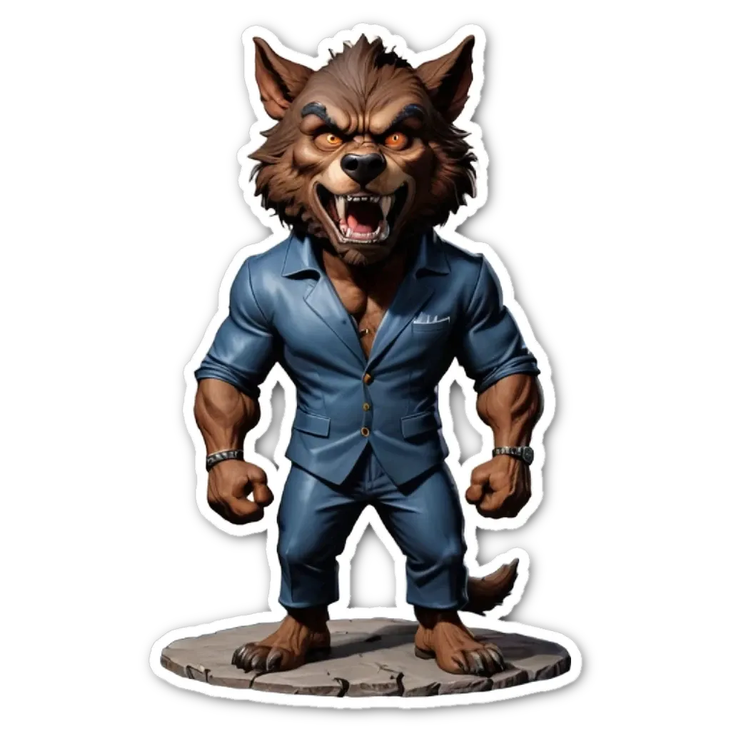 A cartoon depiction of a werewolf in a blue suit and tie.