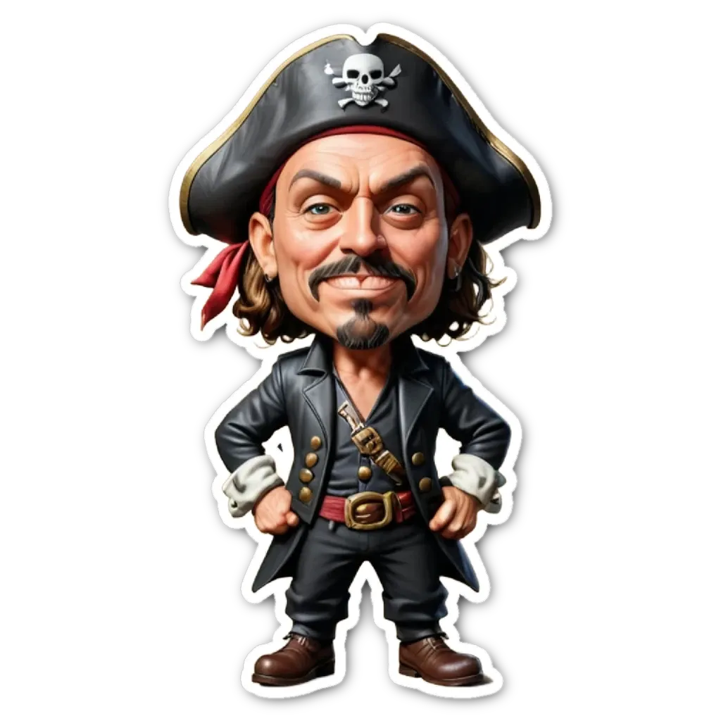 A cartoon depiction of a man wearing a pirate's hat and clothes.