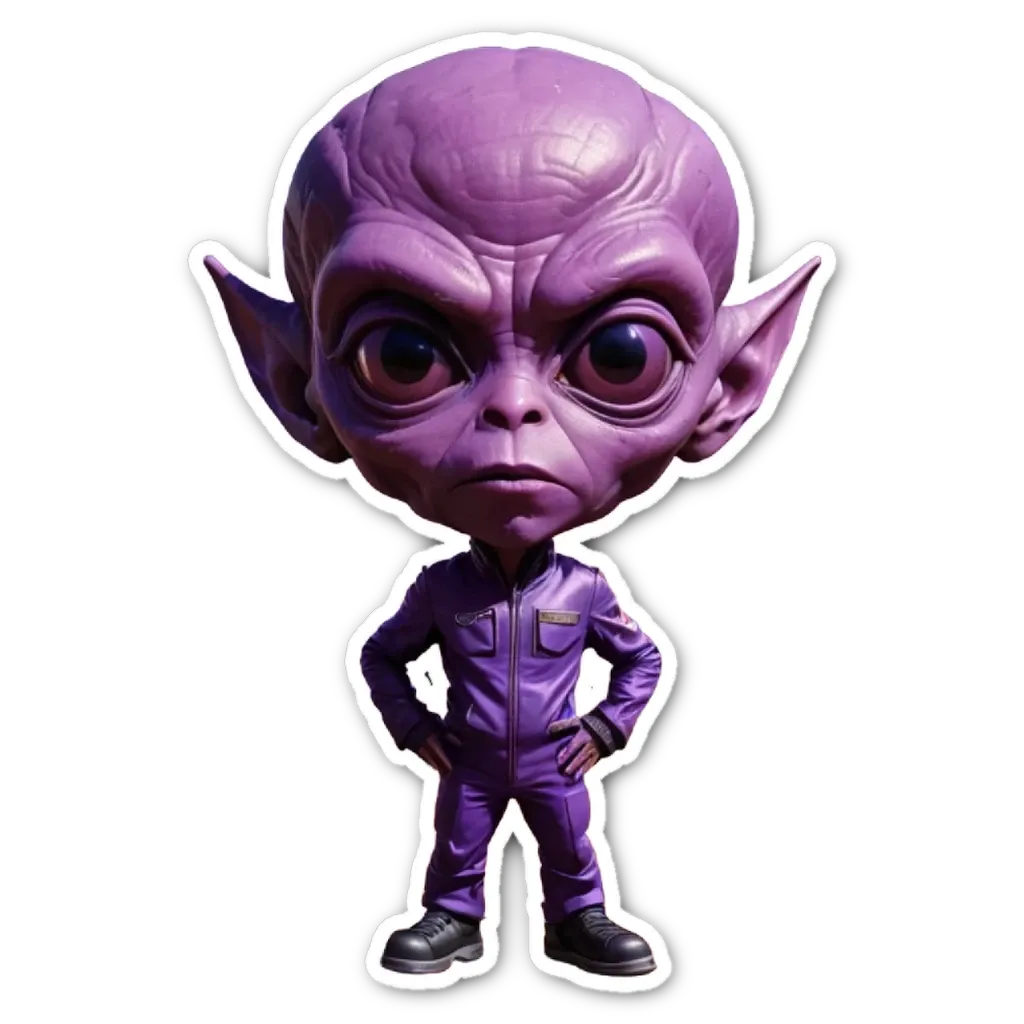 A sticker of a alien with yellow eyes and purple skin.