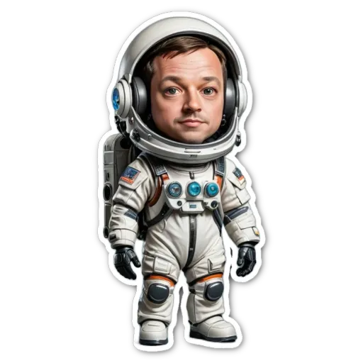 A man in a space suit that is cartoonish.