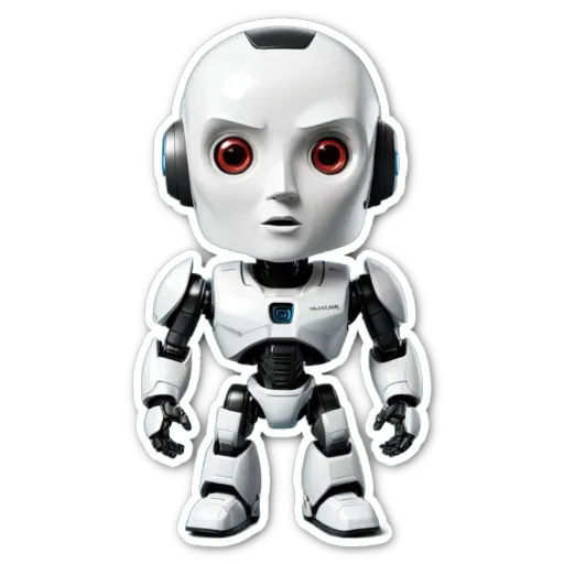 A white robot with black eyes is standing up.