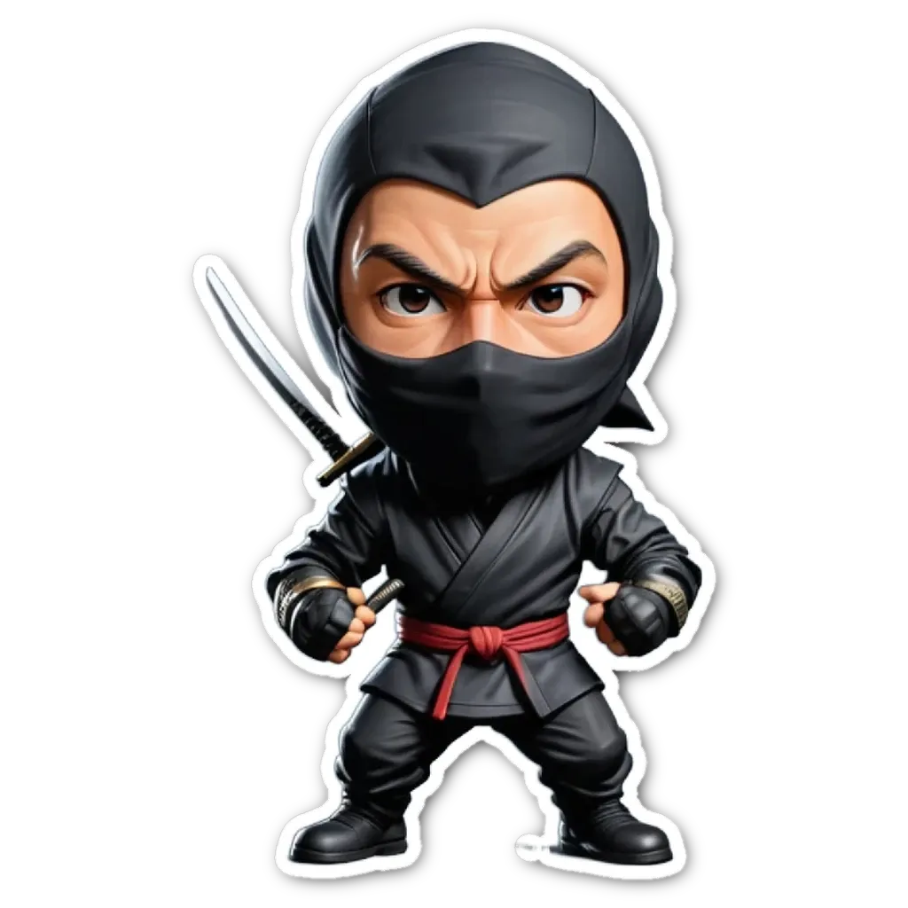 A cartoon picture of a black ninja with a katana blade.