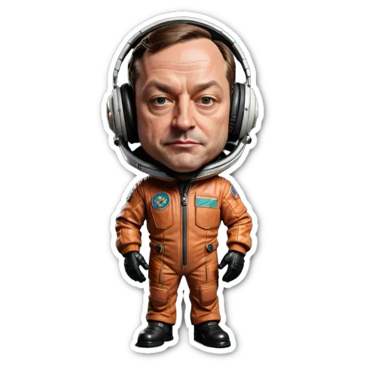 A cartoon depiction of man in space with headphones and a name tag.