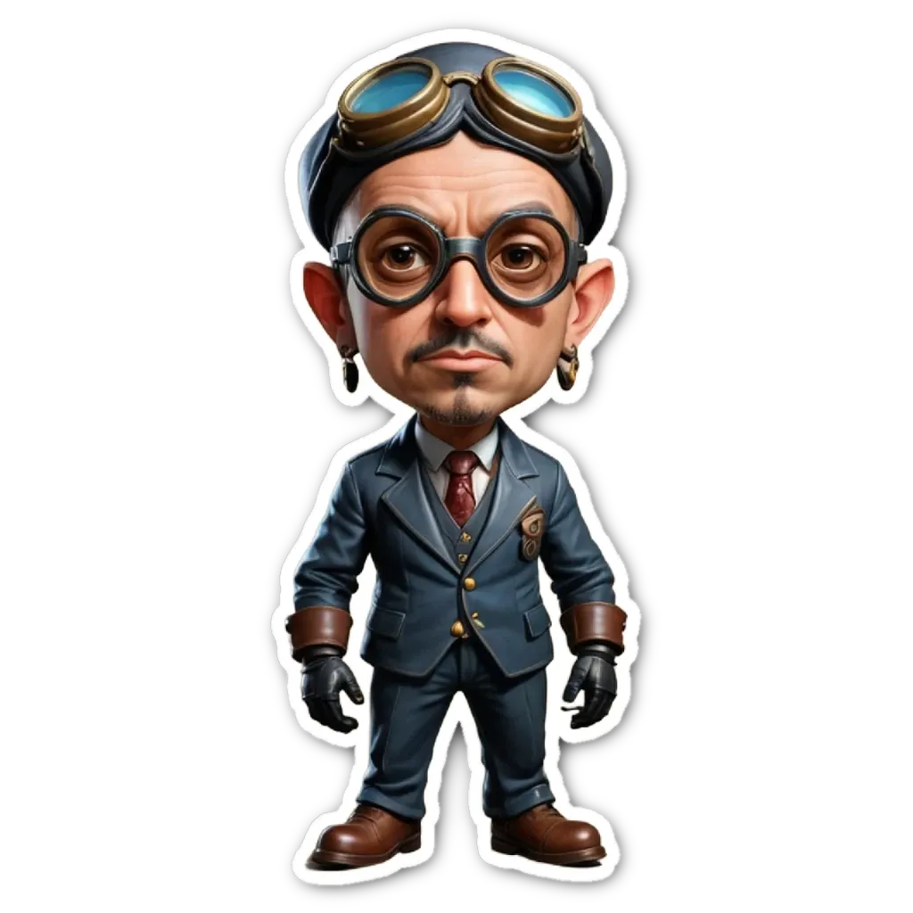 A character in a suit and goggles is standing on a black background.