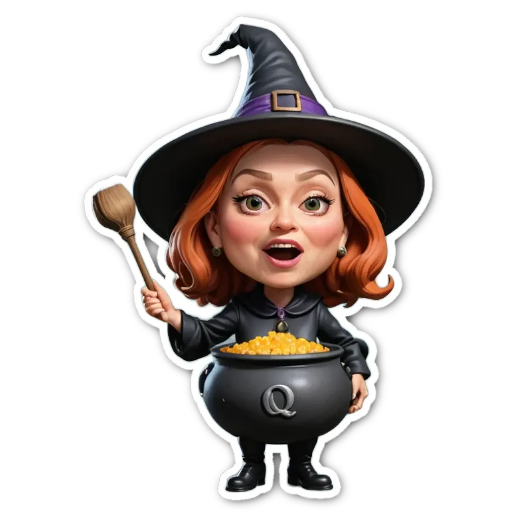 A cartoon depiction of a woman with a broom and a cauldron.