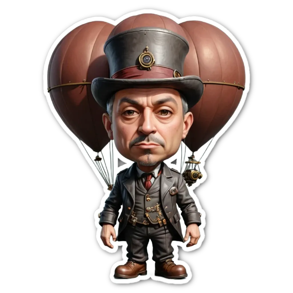 A cartoon depiction of a man in a top hat standing in front of three hot air balloons.