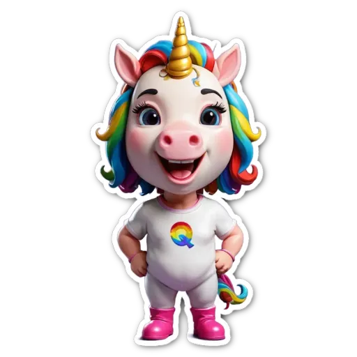 A cartoon image of a unicorn wearing a white shirt with the letter Q on it.