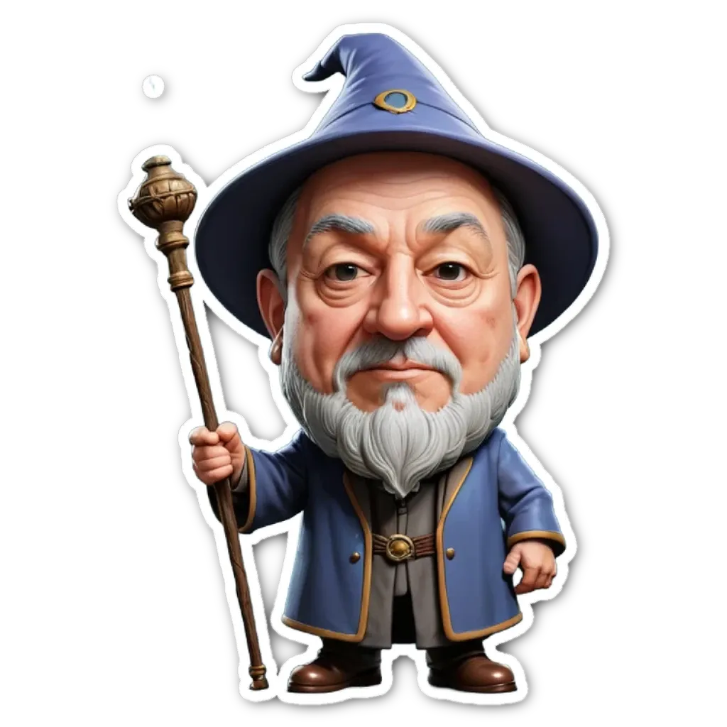 A cartoon drawing of a wizard with a staff.