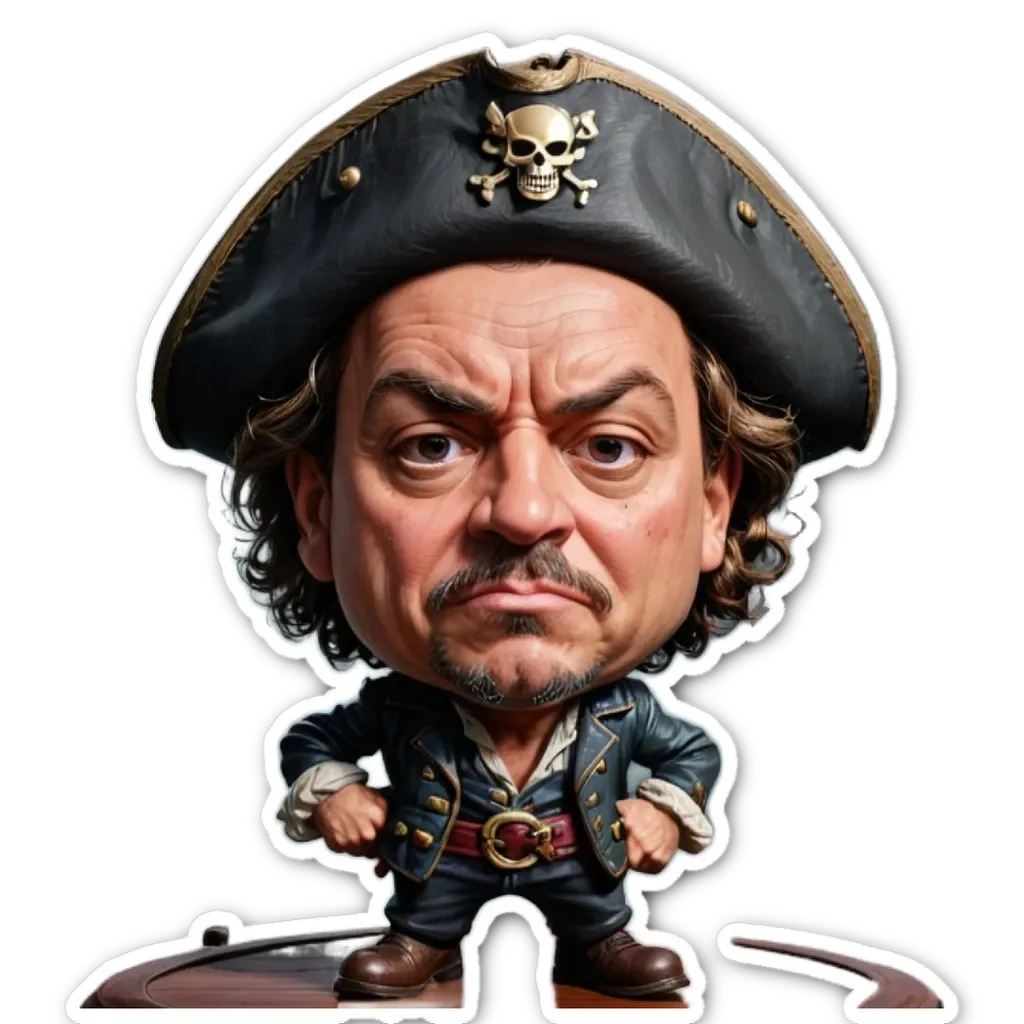 A drawing of a man wearing a pirate's hat and jacket.