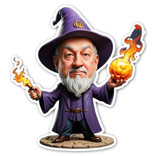 A cartoon drawing of a wizard with a pumpkin for a staff.