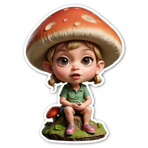 A mushroom figure that is the size of a dinner plate and has a name tag that reads Mary.