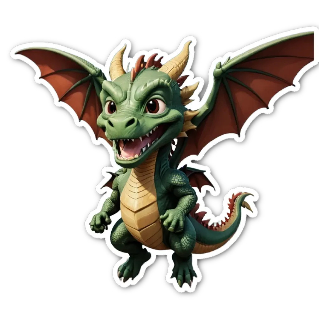 A green dragon with yellow teeth and red wings is standing in front of a black background.