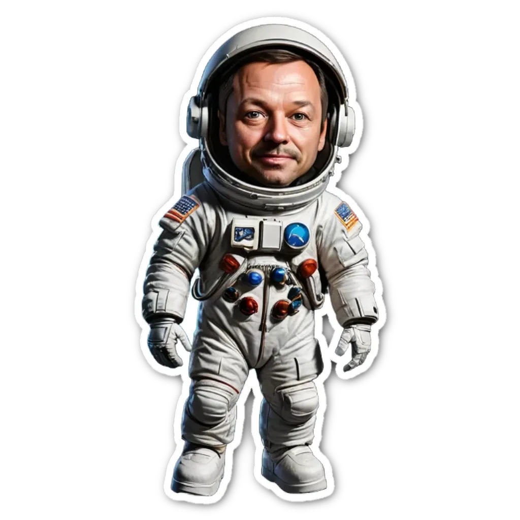 A man in a space suit that is cartoonish.