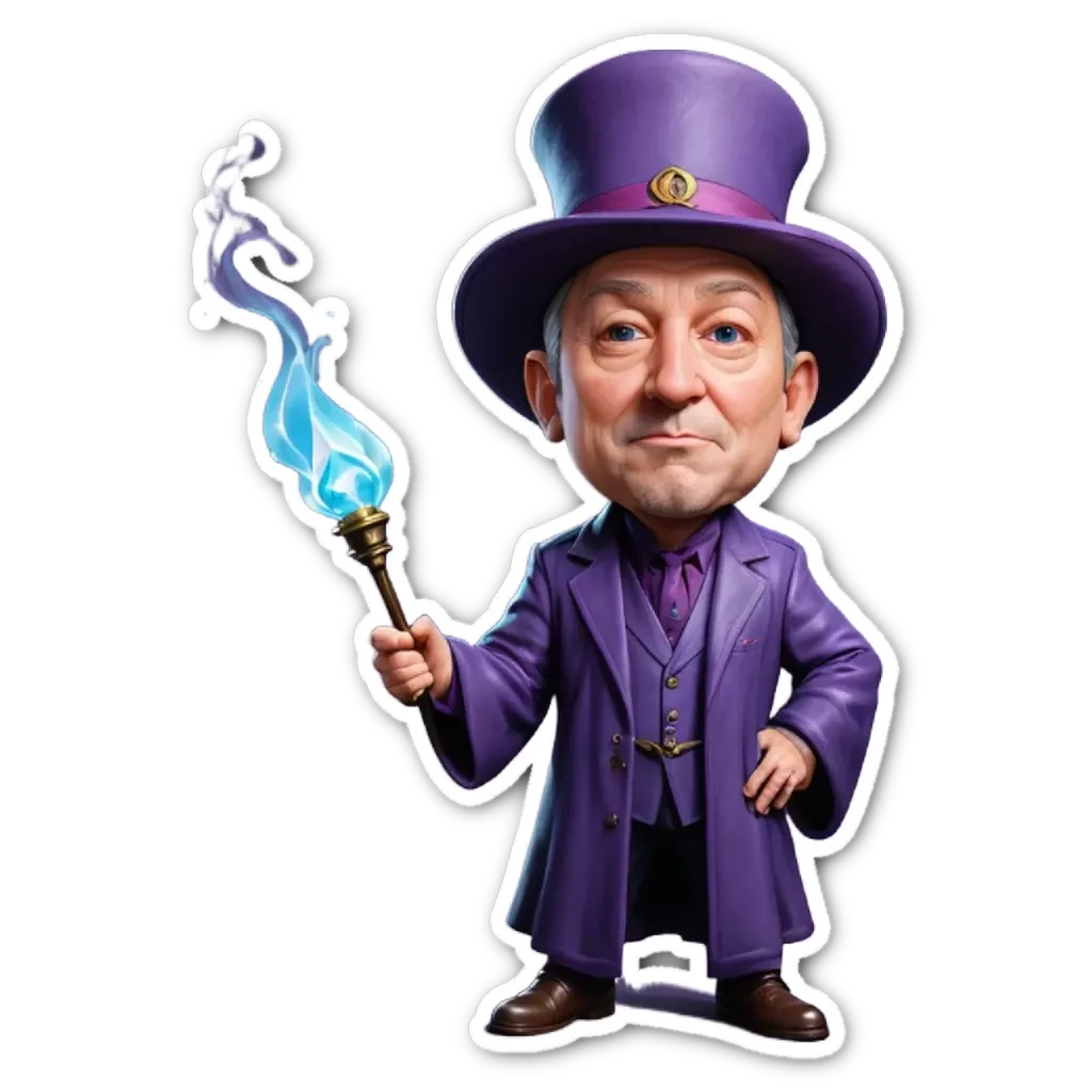 A man wearing a purple top hat holding a torch.