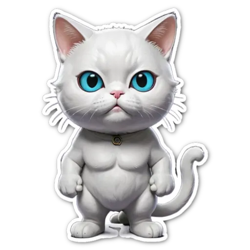 A white cat with blue eyes is standing up.