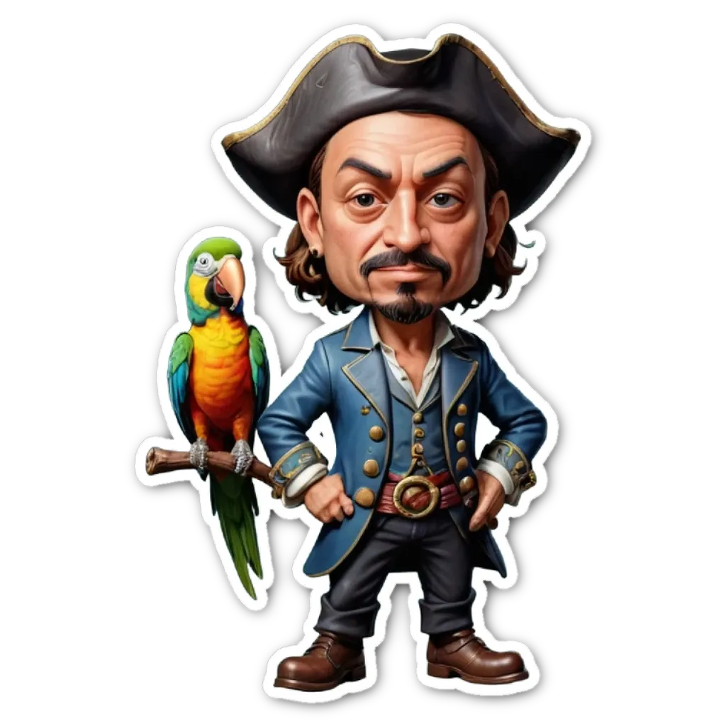 A cartoon depiction of a man in a pirate costume holding a parrot.