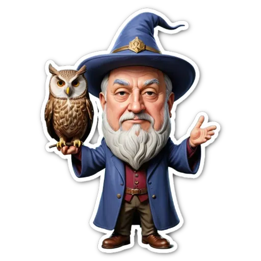 A cartoon drawing of a wizard with an owl.