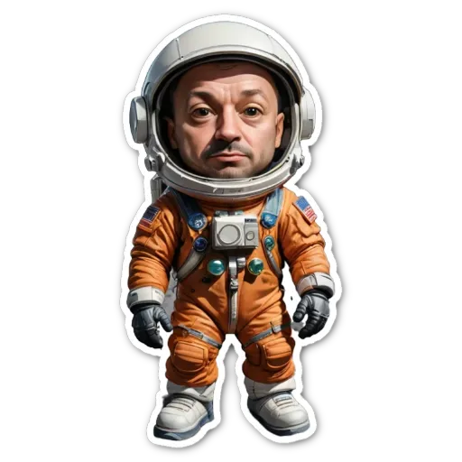 A man in a space suit that is cartoonish.