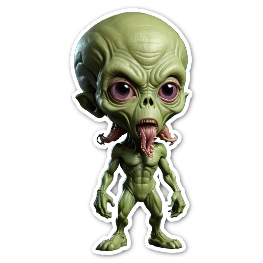 A green alien figure with a mouth wide open.