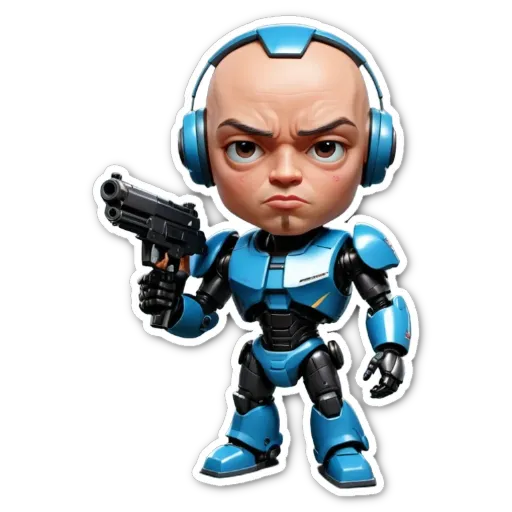 A sticker of a robot with a gun that is blue in color.
