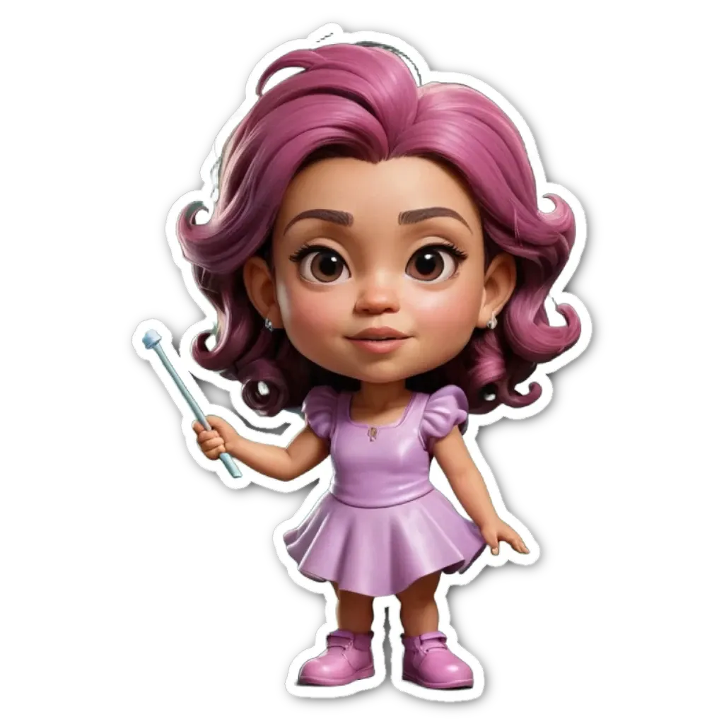 A small girl holding a wand in a purple dress.