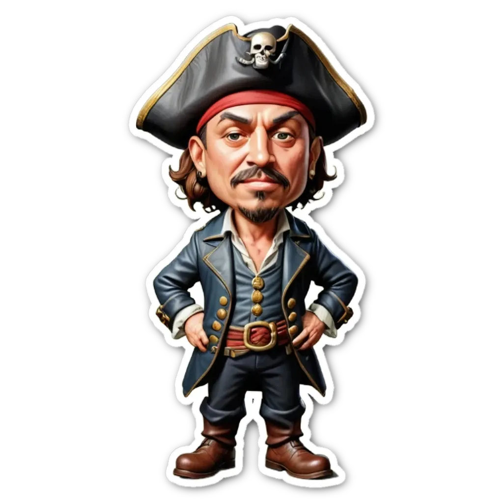 A cartoon depiction of a pirate in a black outfit.