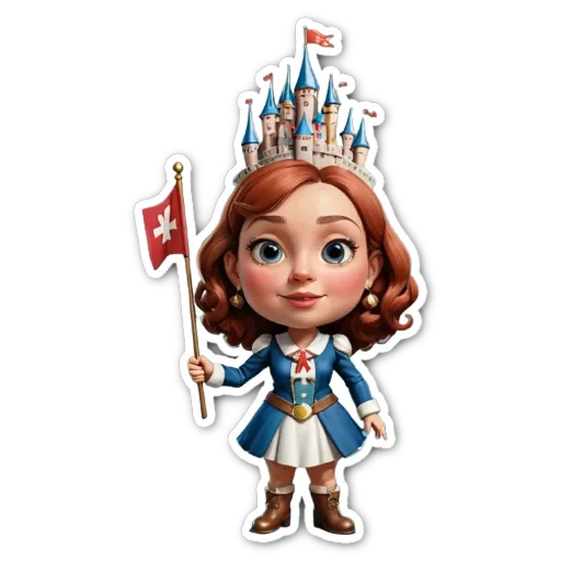 A girl holding a flag and wearing a crown is depicted in a sticker.