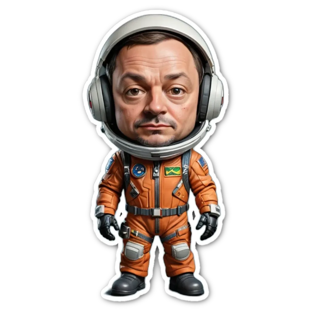 A sticker of a man in space that is wearing a helmet and orange clothing.