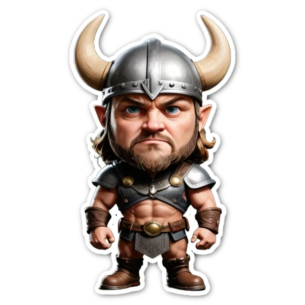 A character from a video game that is wearing a Viking helmet.