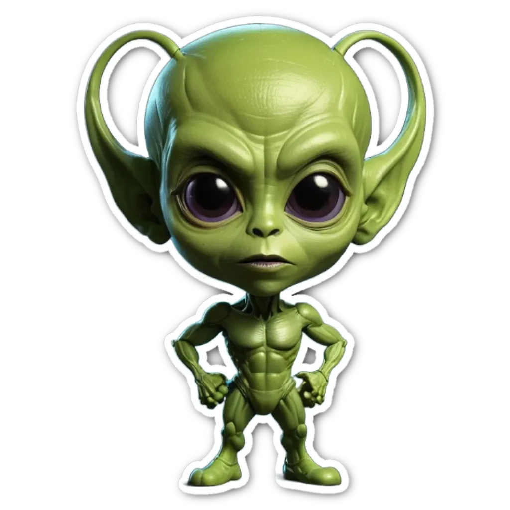 A green figure with big ears is standing up with its hands on its hips.