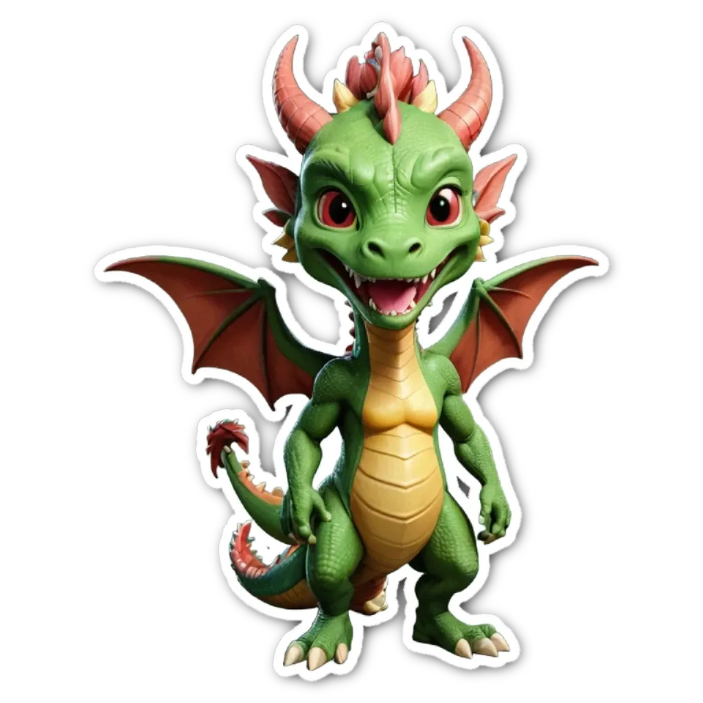 A green and orange dragon is standing up with his mouth open.