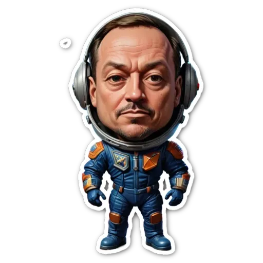 A space man is wearing a blue helmet and listening to headphones.