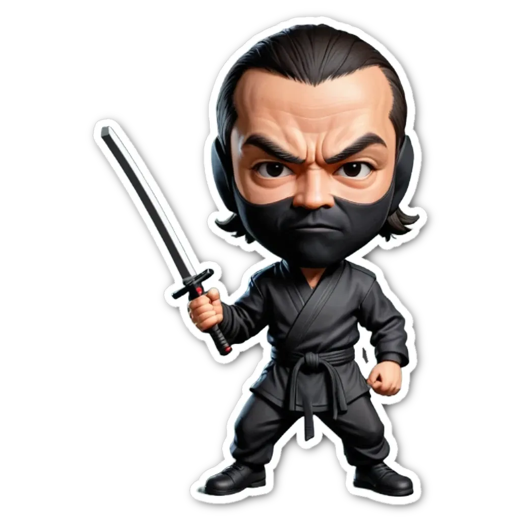 A cartoon image of a black ninja with a katana sword.