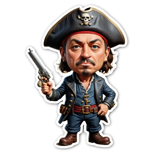 A cartoon depiction of a pirate holding a gun.