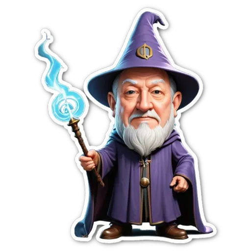 A purple wizard with a staff holding the staff in his hand.