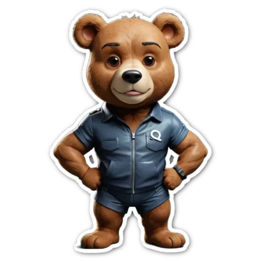 A teddy bear wearing a blue jacket and a watch on its left wrist.